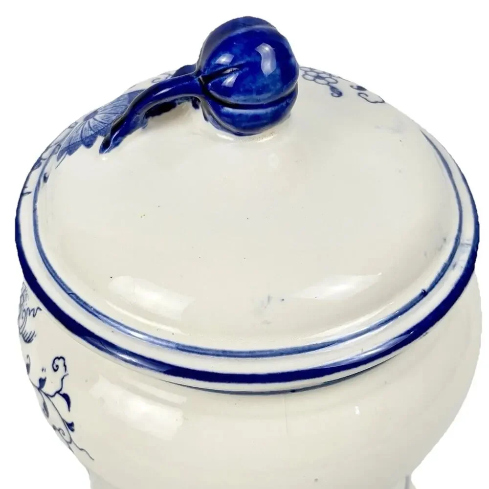VTG Arnart Blue Onion Danube Ceramic Cookie Canister Jar w/Lid White Floral Blue